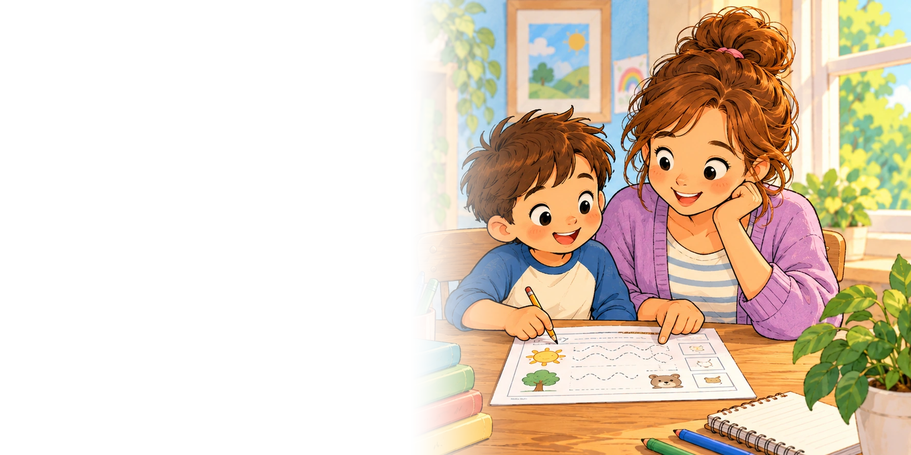 Parent and child enjoying a printable learning activity together