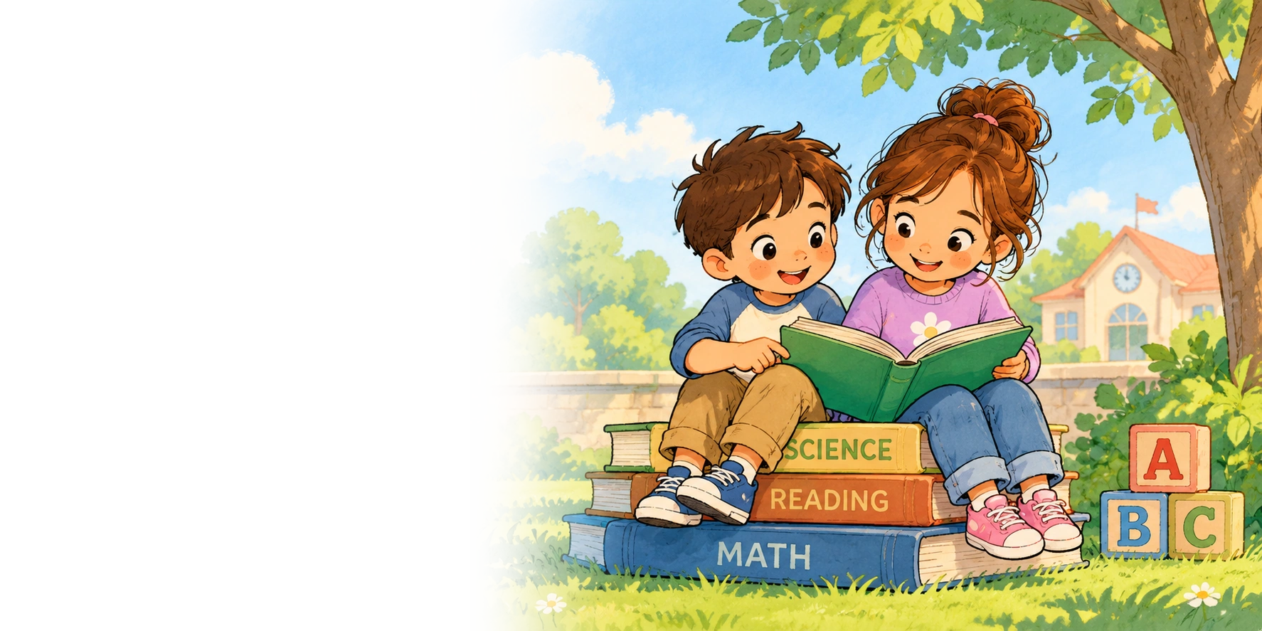 Cartoon children learning with books and school activities