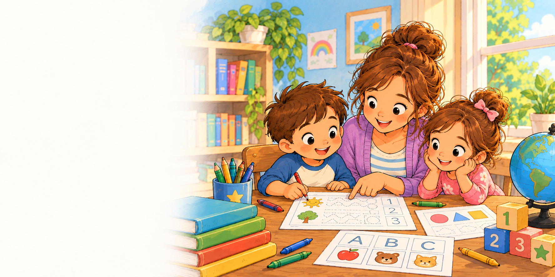 Parent and children enjoying printable learning activities together at a bright study table