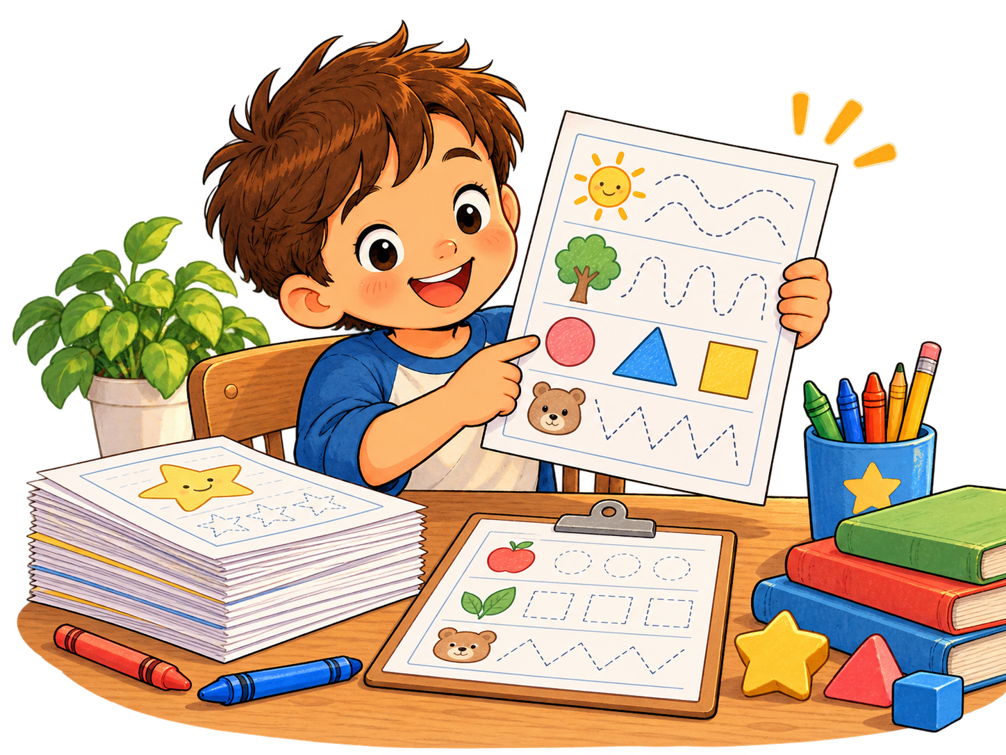 Cheerful child holding a printable worksheet beside books and coloured pencils