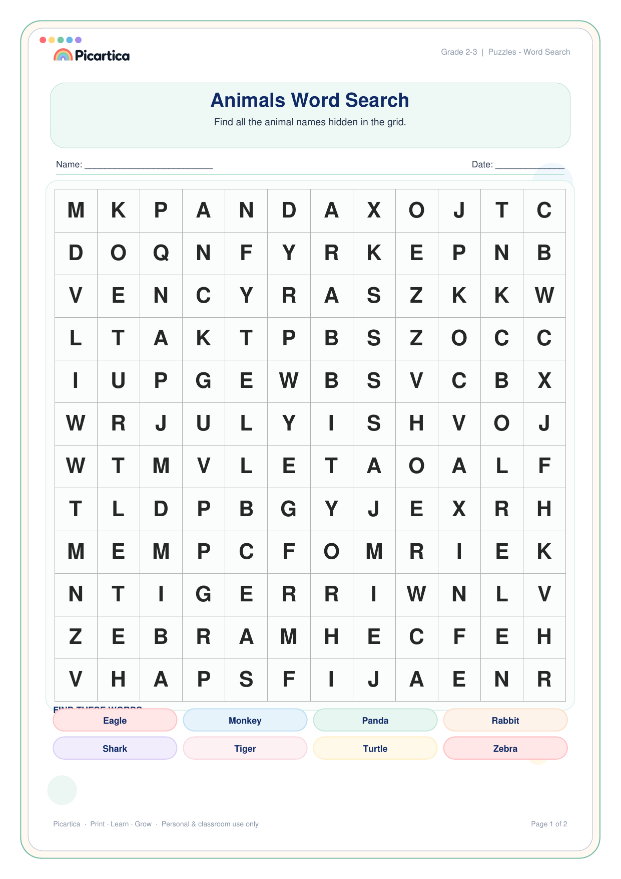 Animals Word Search free worksheet preview