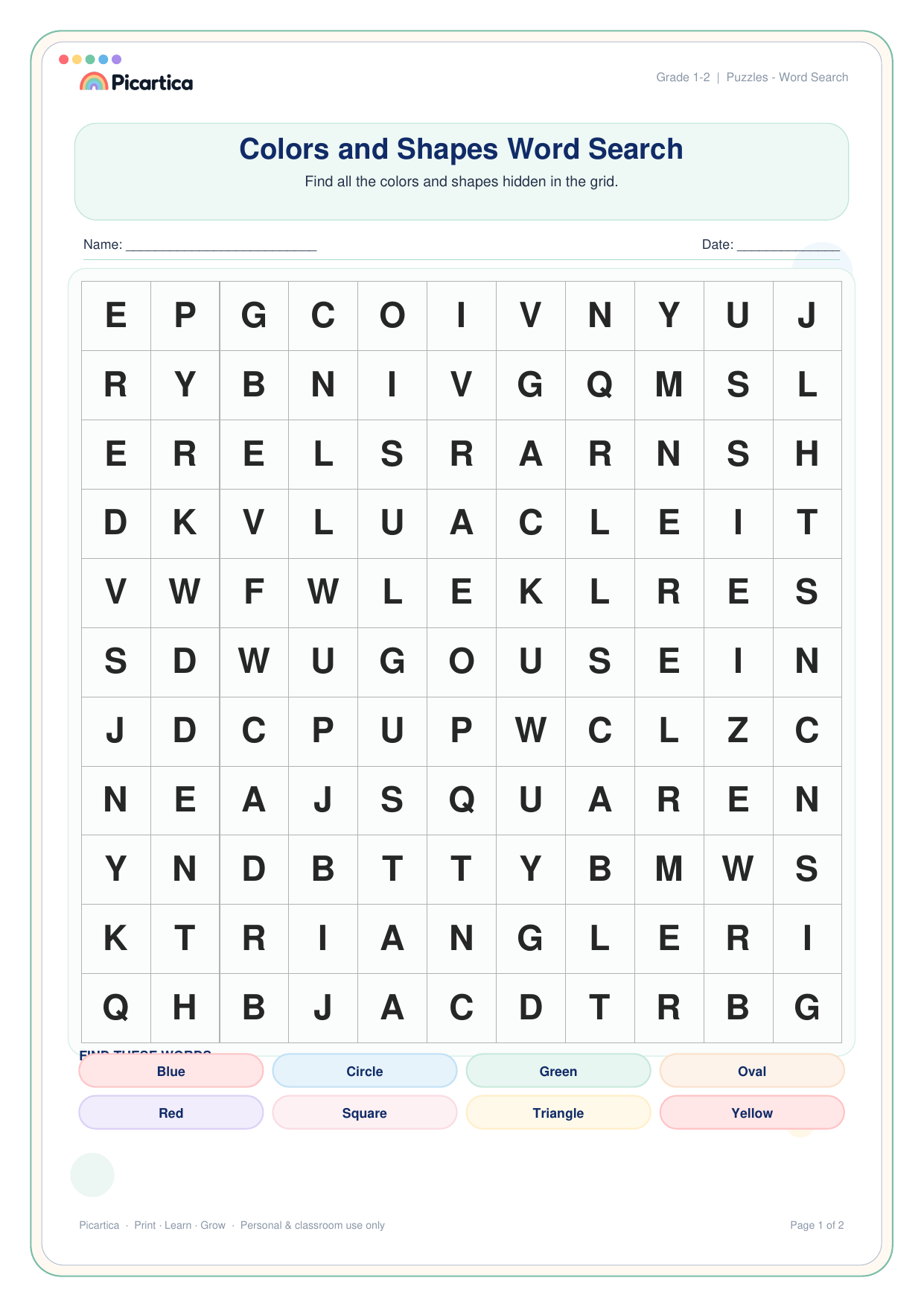 Colors and Shapes Word Search free worksheet preview