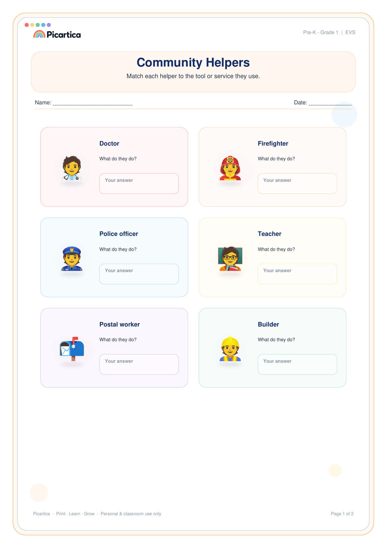 Community Helpers free worksheet preview