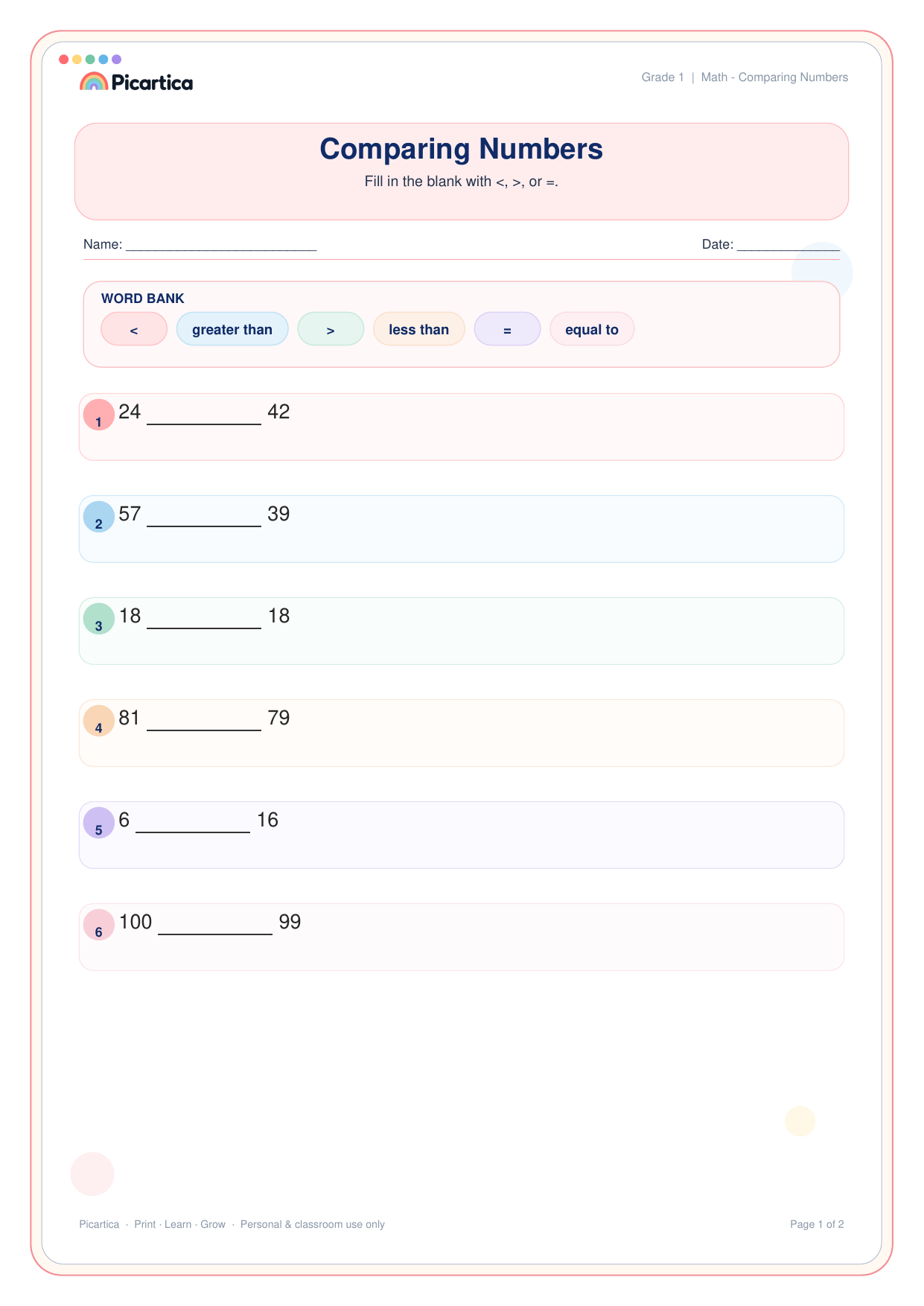 Comparing Numbers free worksheet preview