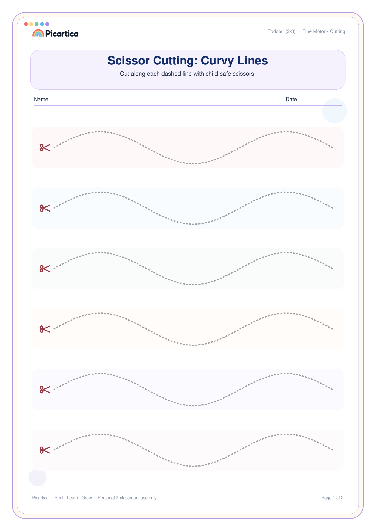 Scissor Cutting: Curvy Lines free worksheet preview