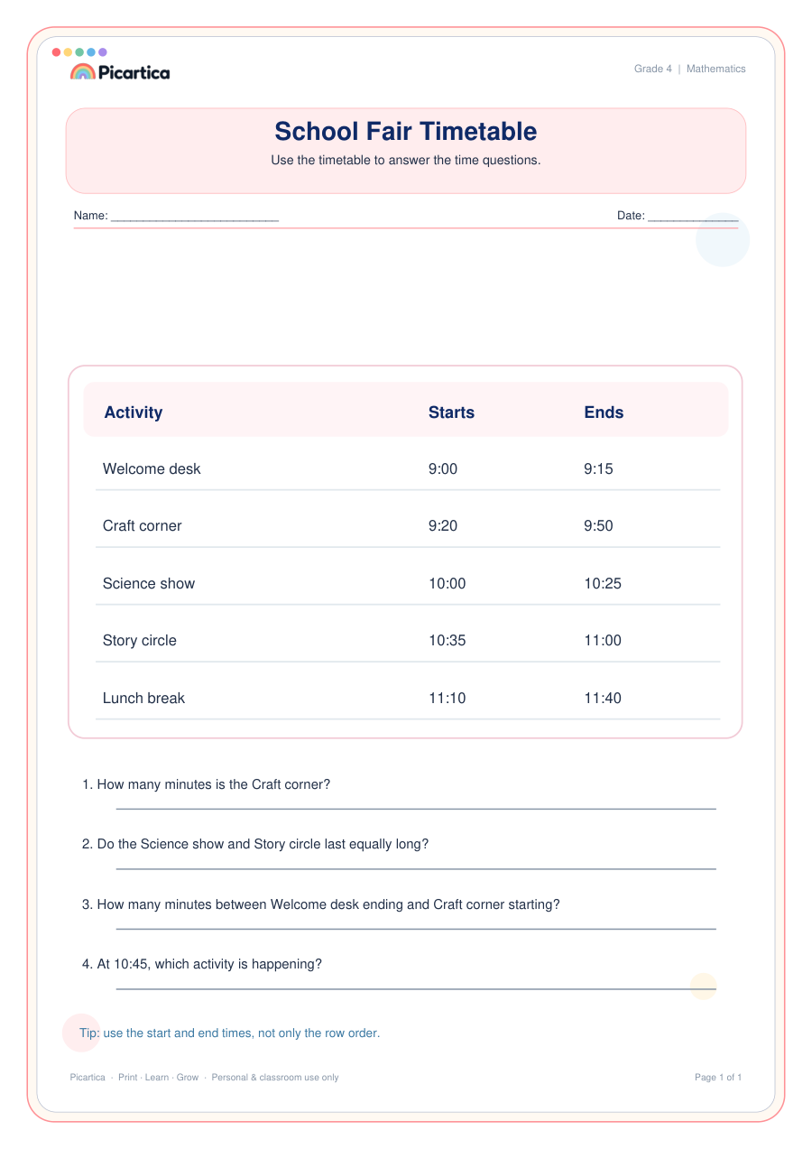 School Fair Timetable free worksheet preview