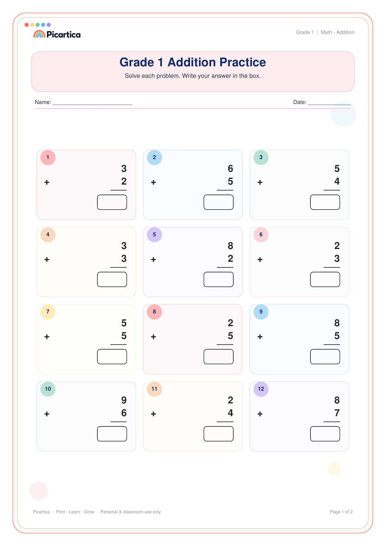 Grade 1 Addition & Subtraction Practice free worksheet preview