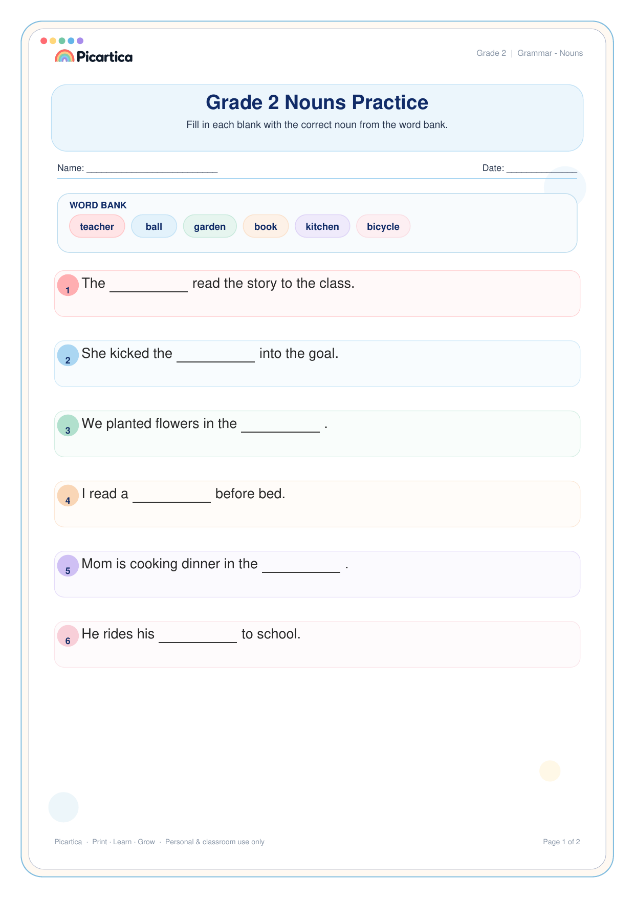 Grade 2 Nouns Practice free worksheet preview