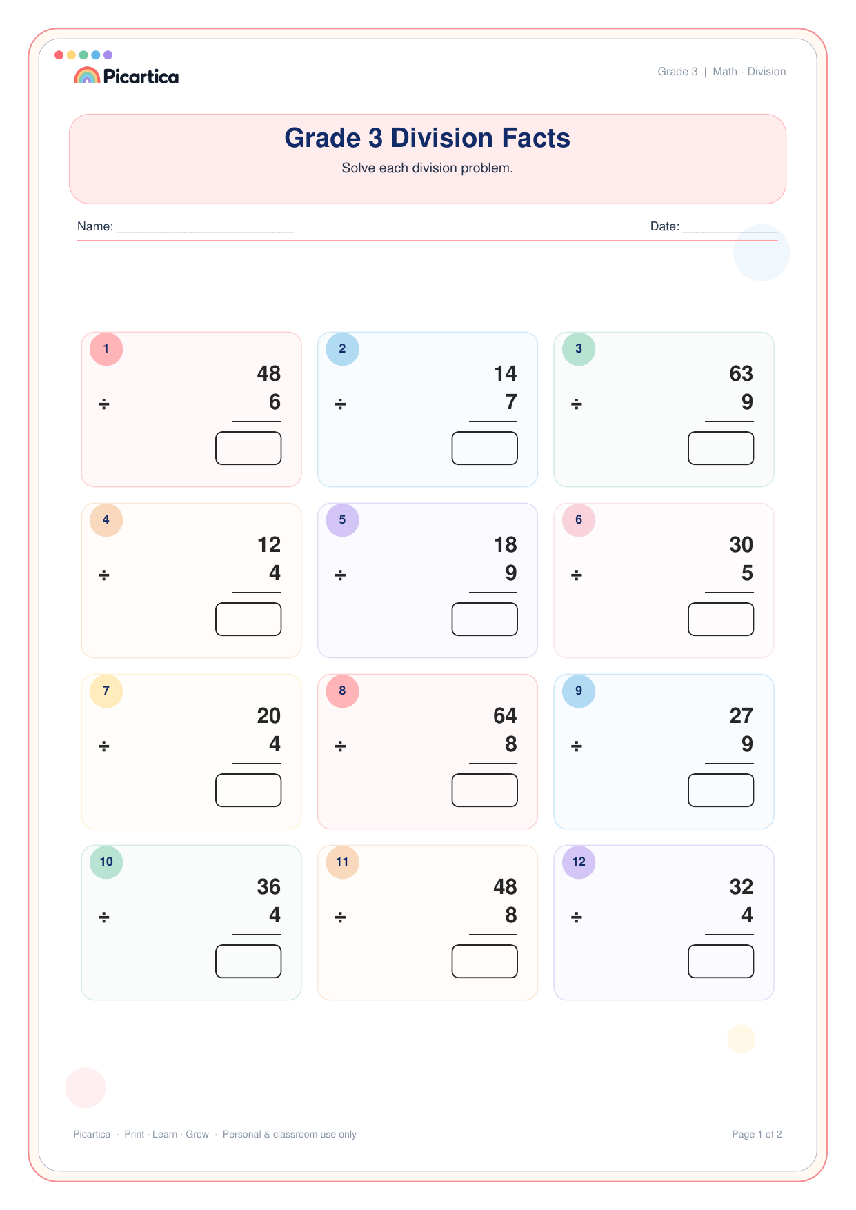 Grade 3 Division Facts free worksheet preview