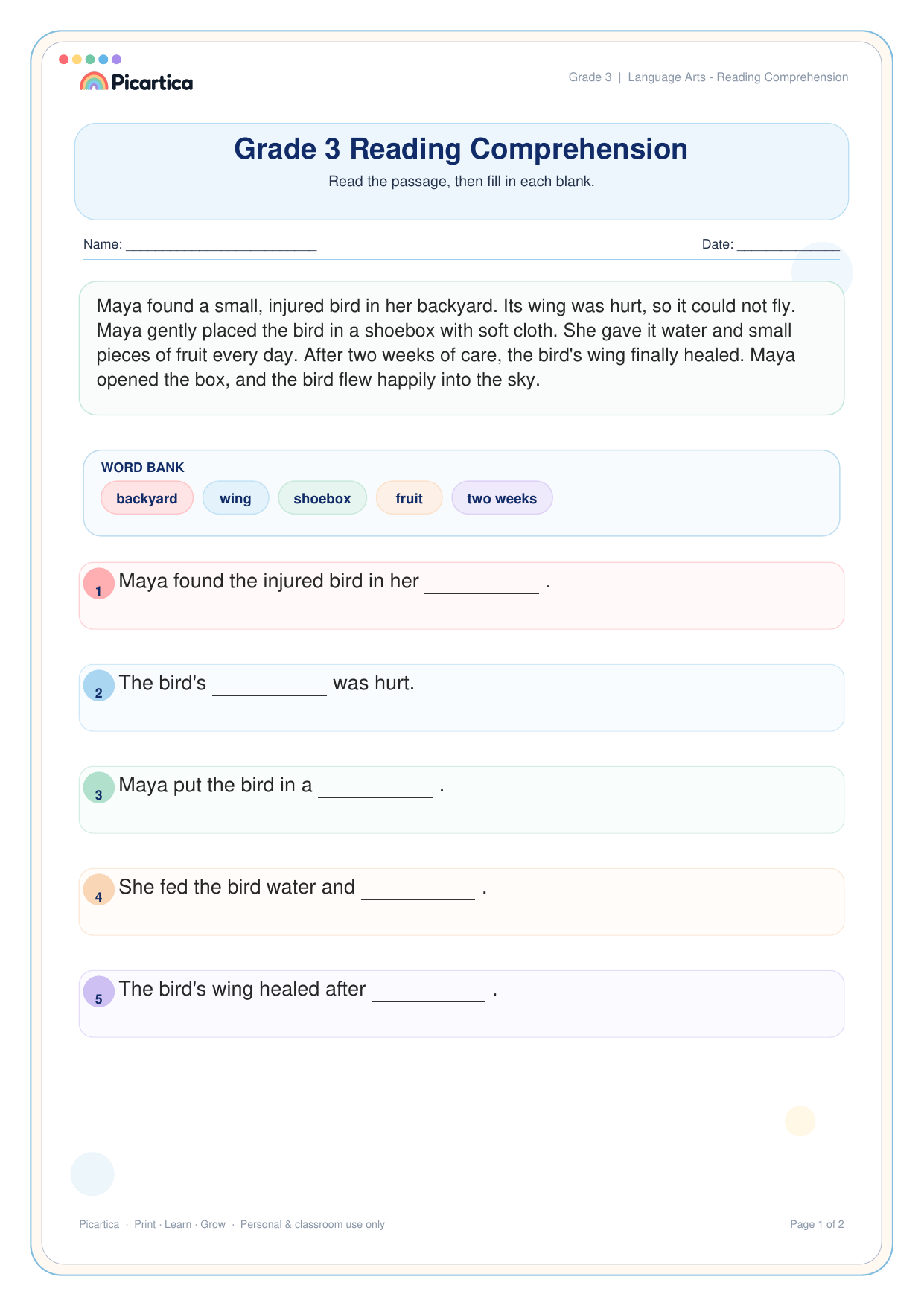 Grade 3 Reading Comprehension free worksheet preview