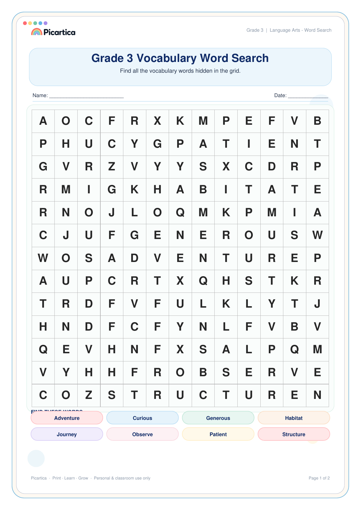 Grade 3 Vocabulary Word Search free worksheet preview