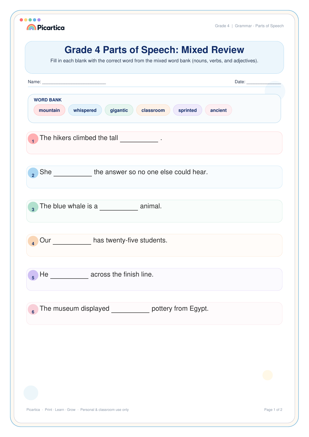 Grade 4 Parts of Speech: Mixed Review free worksheet preview