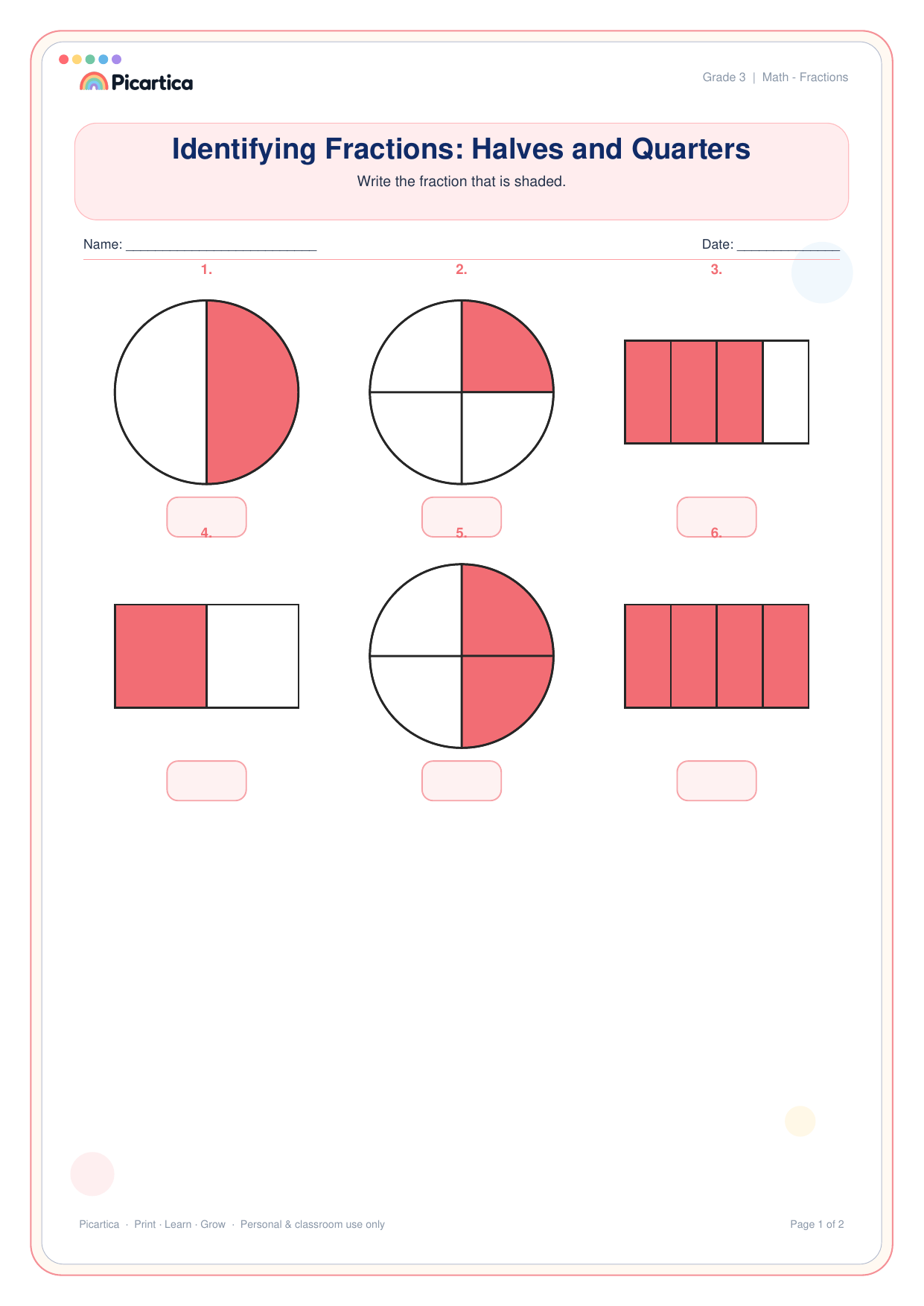 Identifying Fractions: Halves and Quarters free worksheet preview