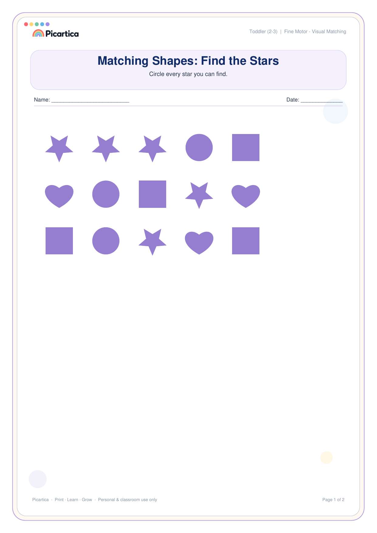 Matching Shapes: Find the Stars free worksheet preview