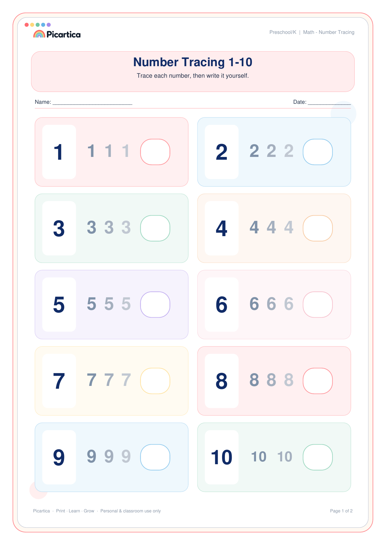 Number Tracing 1-10 free worksheet preview
