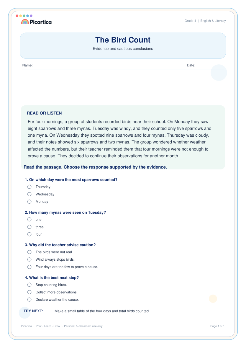The Bird Count free worksheet preview