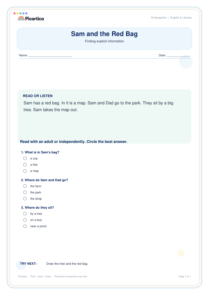 Sam and the Red Bag free worksheet preview