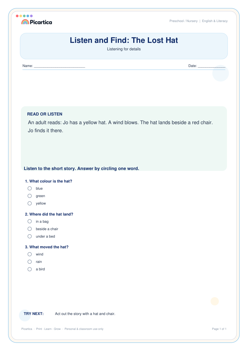 Listen and Find: The Lost Hat free worksheet preview