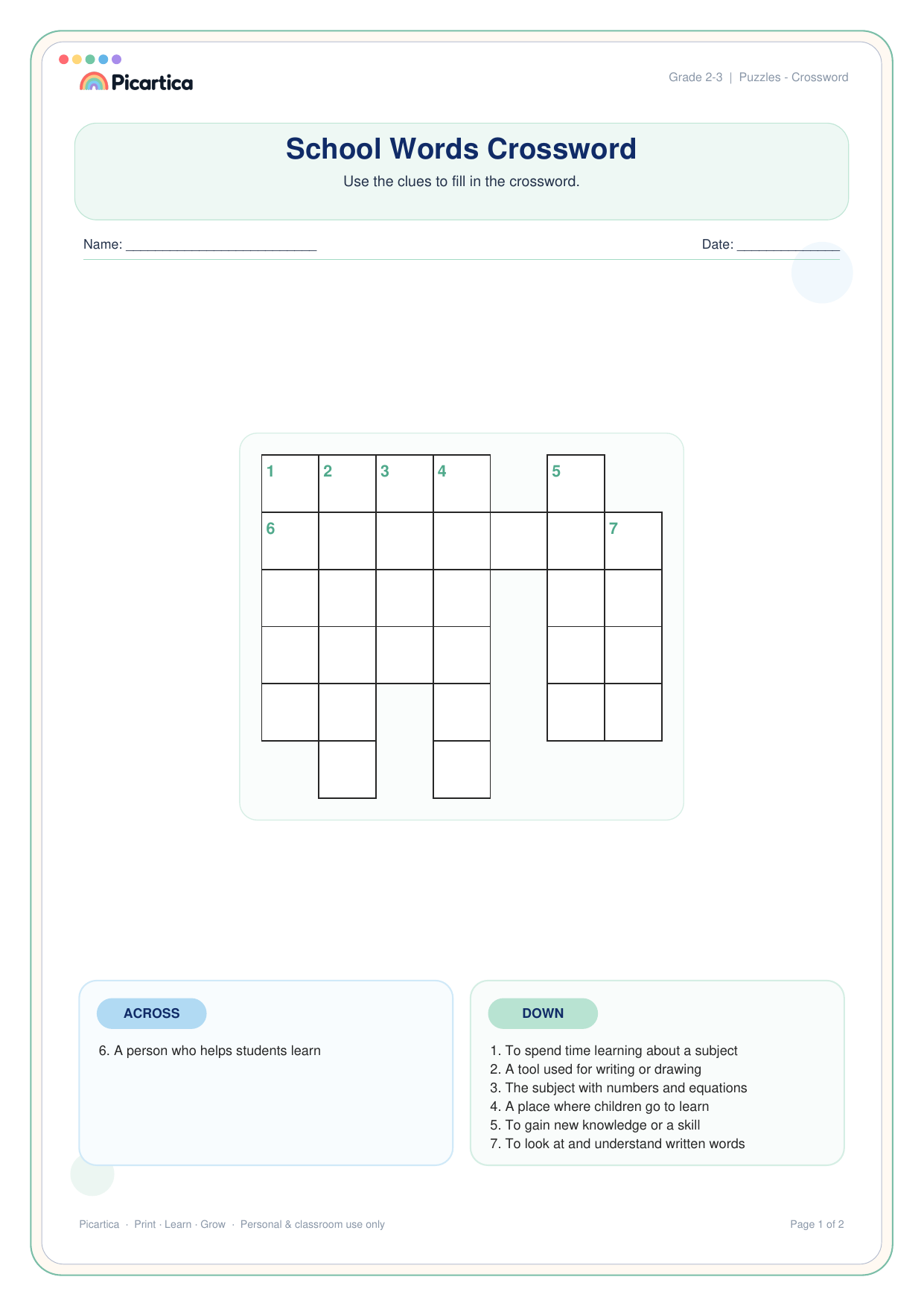 School Words Crossword free worksheet preview