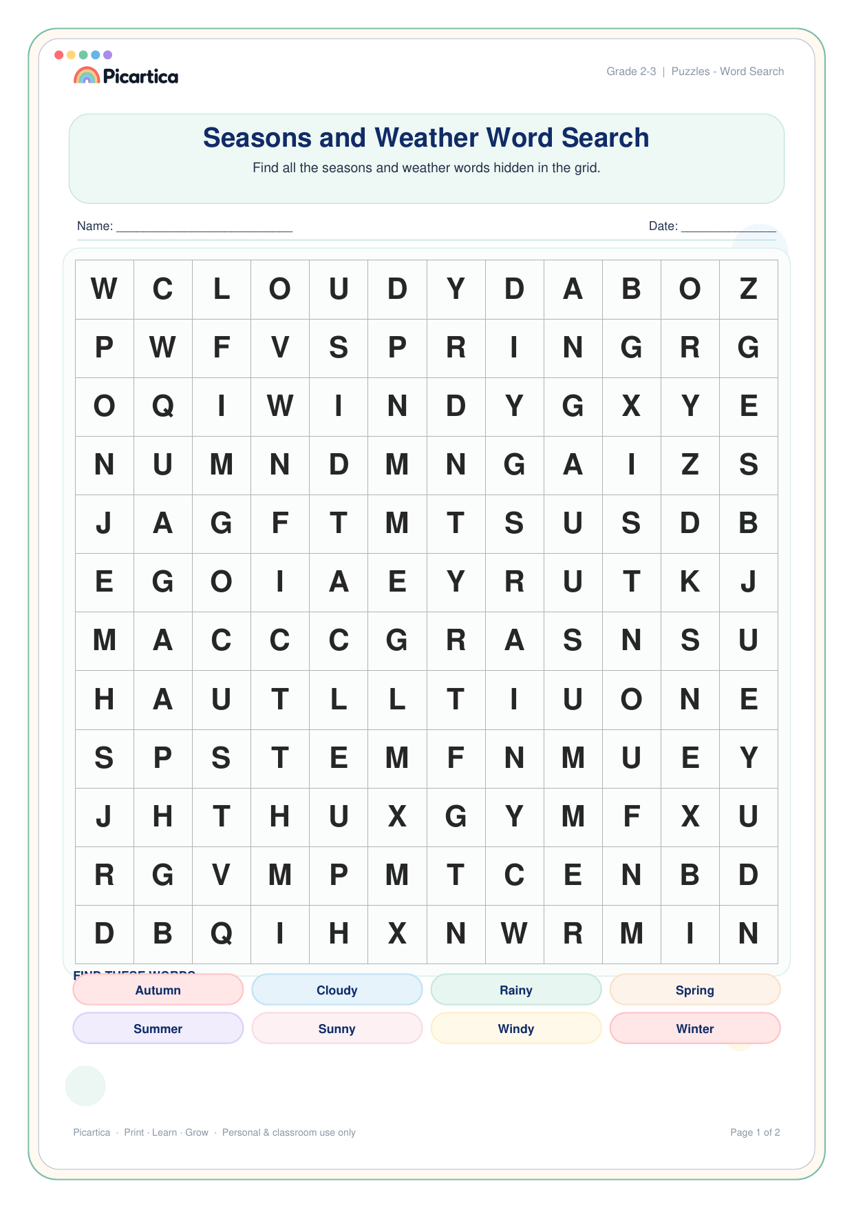 Seasons and Weather Word Search free worksheet preview