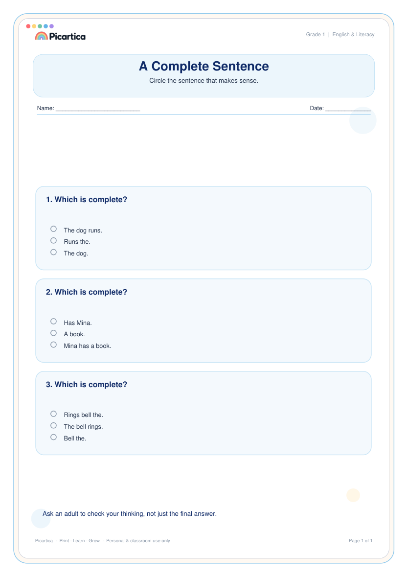A Complete Sentence free worksheet preview