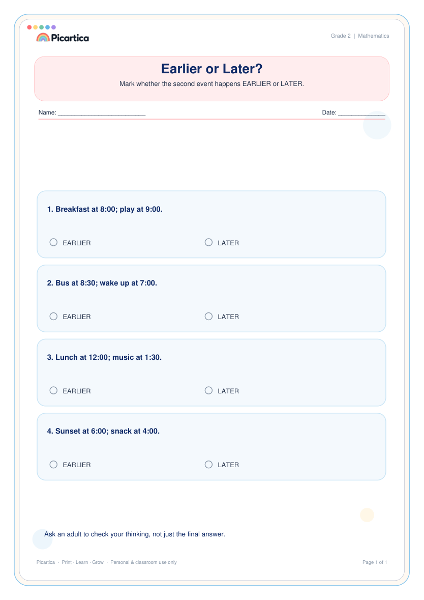 Earlier or Later? free worksheet preview