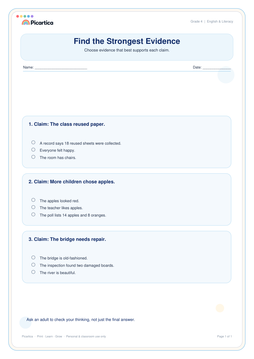 Find the Strongest Evidence free worksheet preview