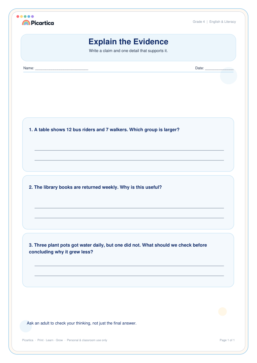 Explain the Evidence free worksheet preview