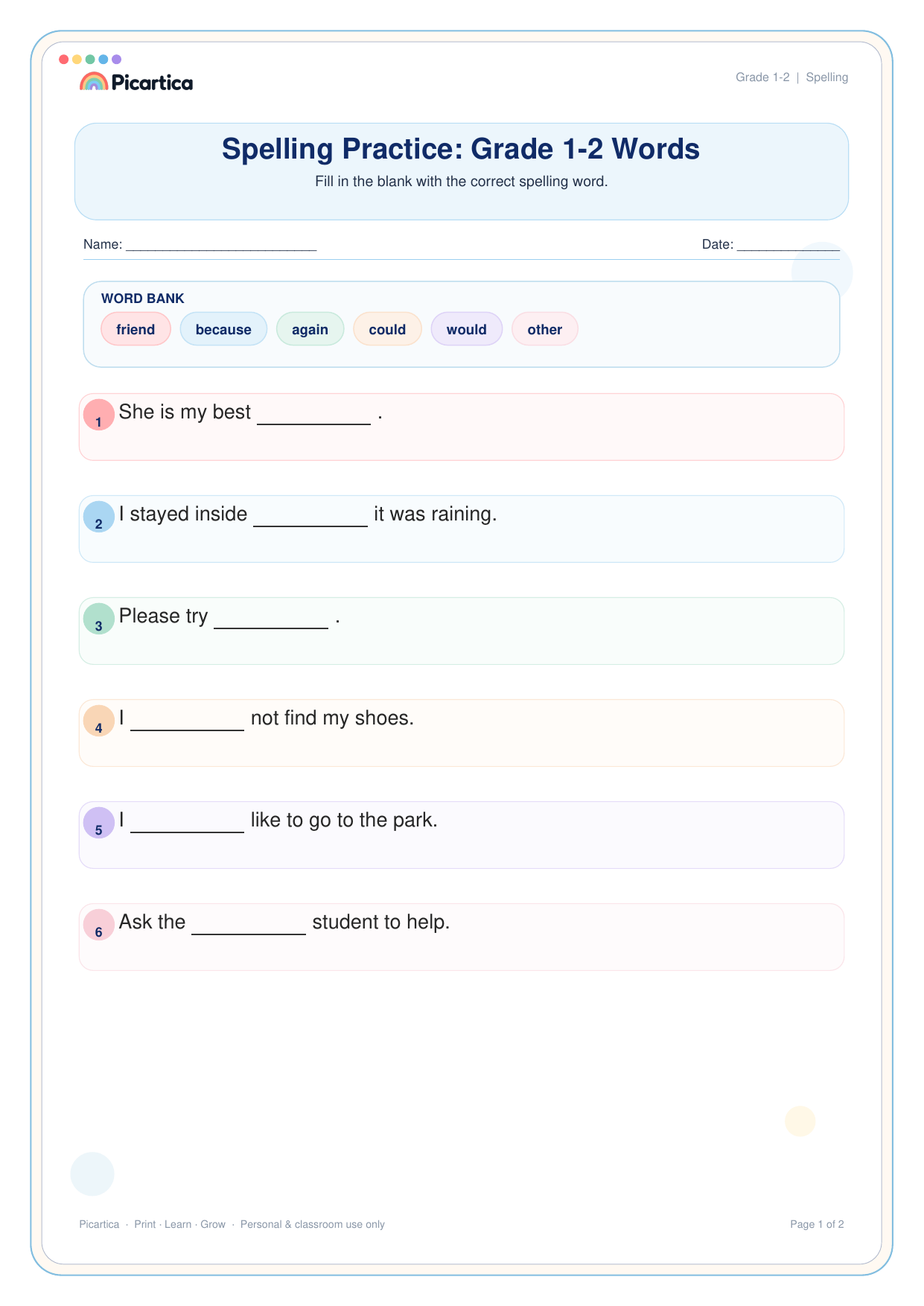Spelling Practice: Grade 1-2 Words free worksheet preview