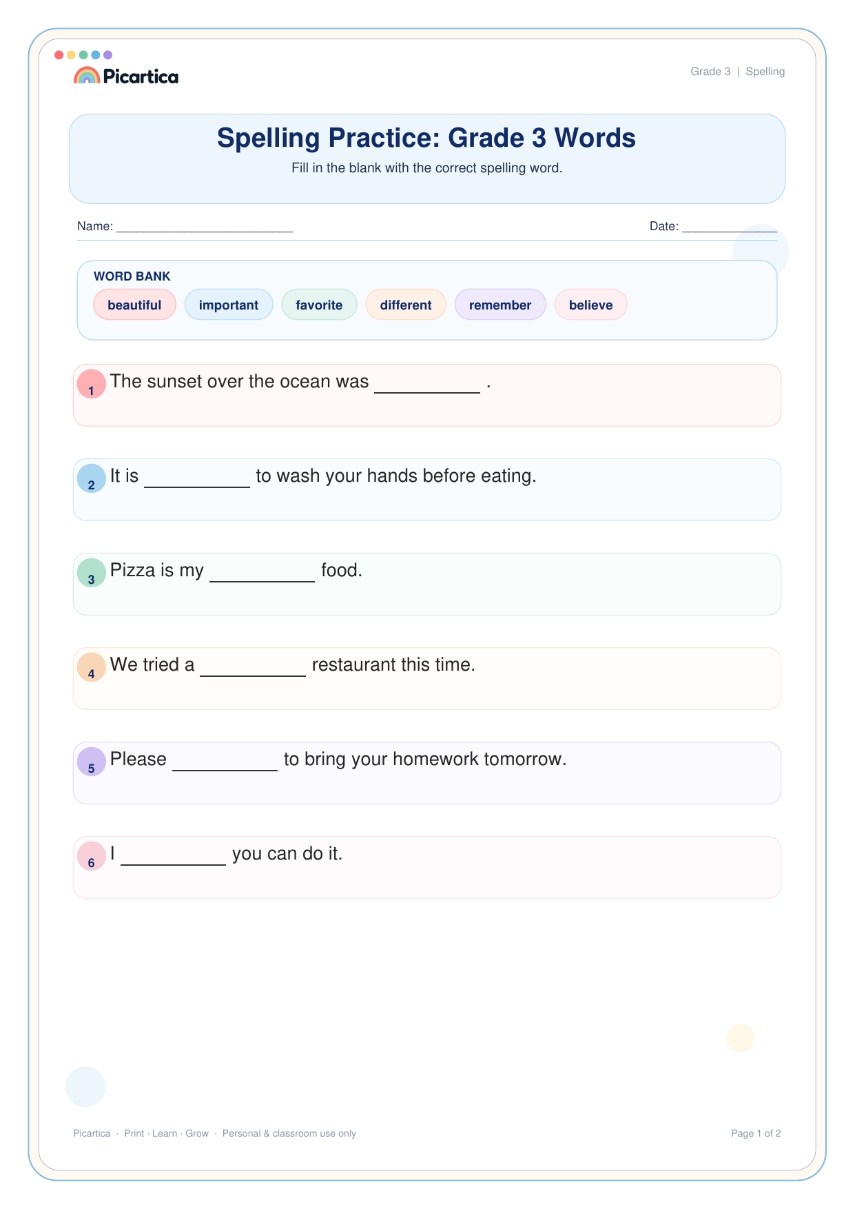Spelling Practice: Grade 3 Words free worksheet preview