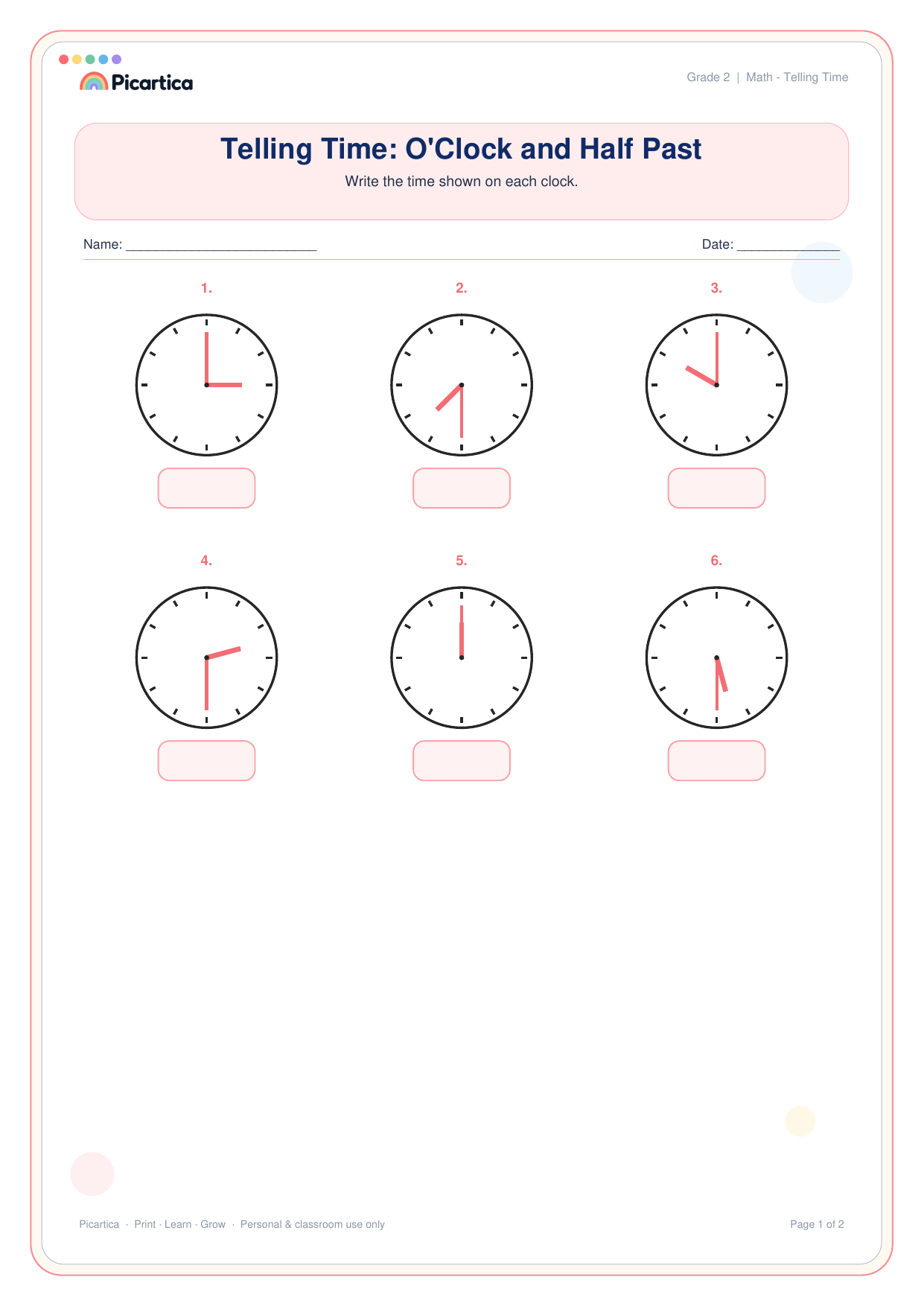 Telling Time: O'Clock and Half Past free worksheet preview